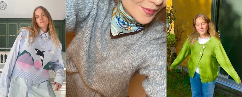 Tre kvinder med striktrøjer kombineret med bukser, nederdele og accessories